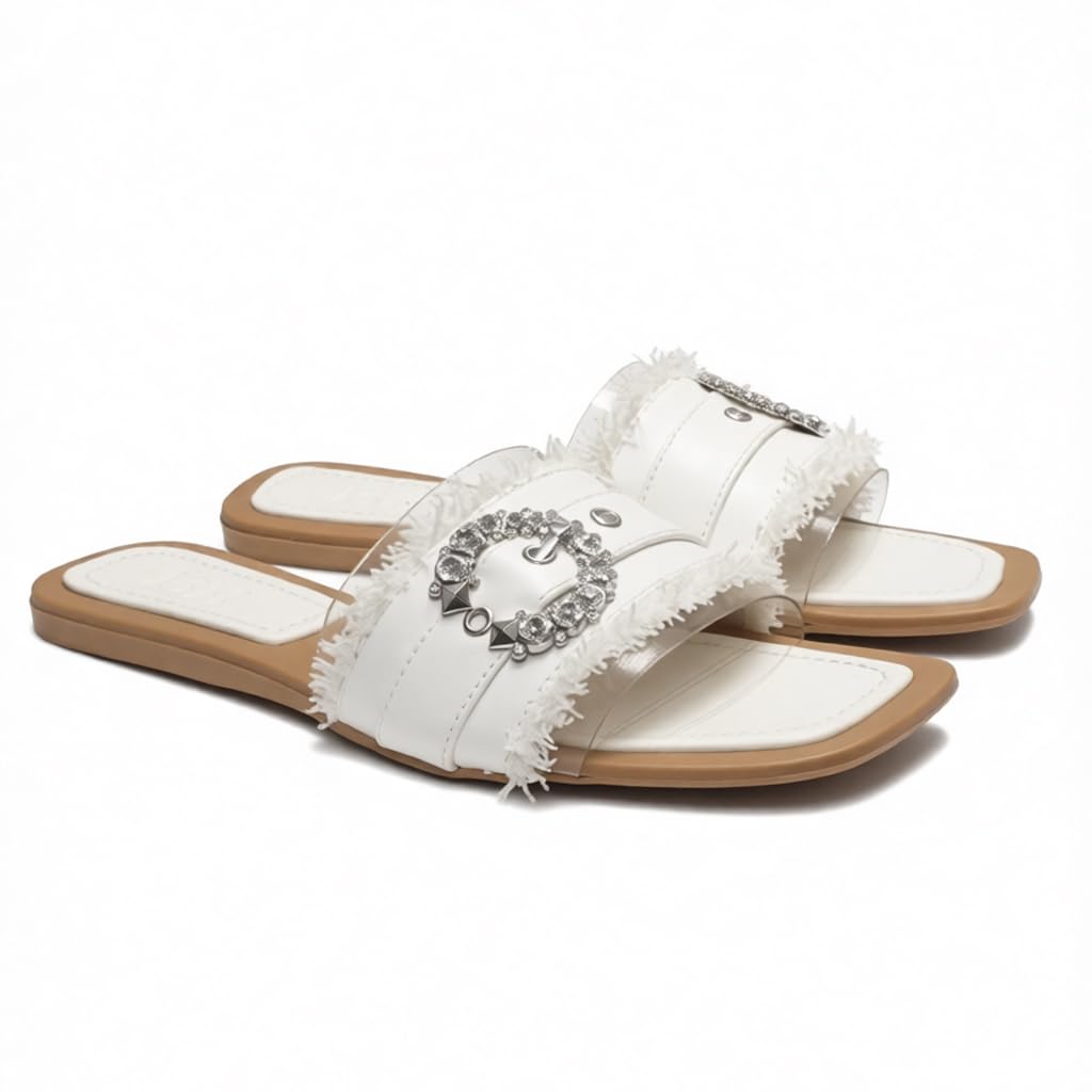 Elegant women’s slippers with a transparent strap and crystal details – summer square-toe design with a comfortable flat sole – modern style. - H25