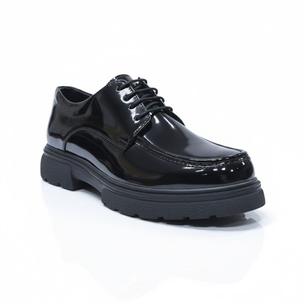 Men's patent leather lace-up boots with a non-slip rubber sole - glossy black