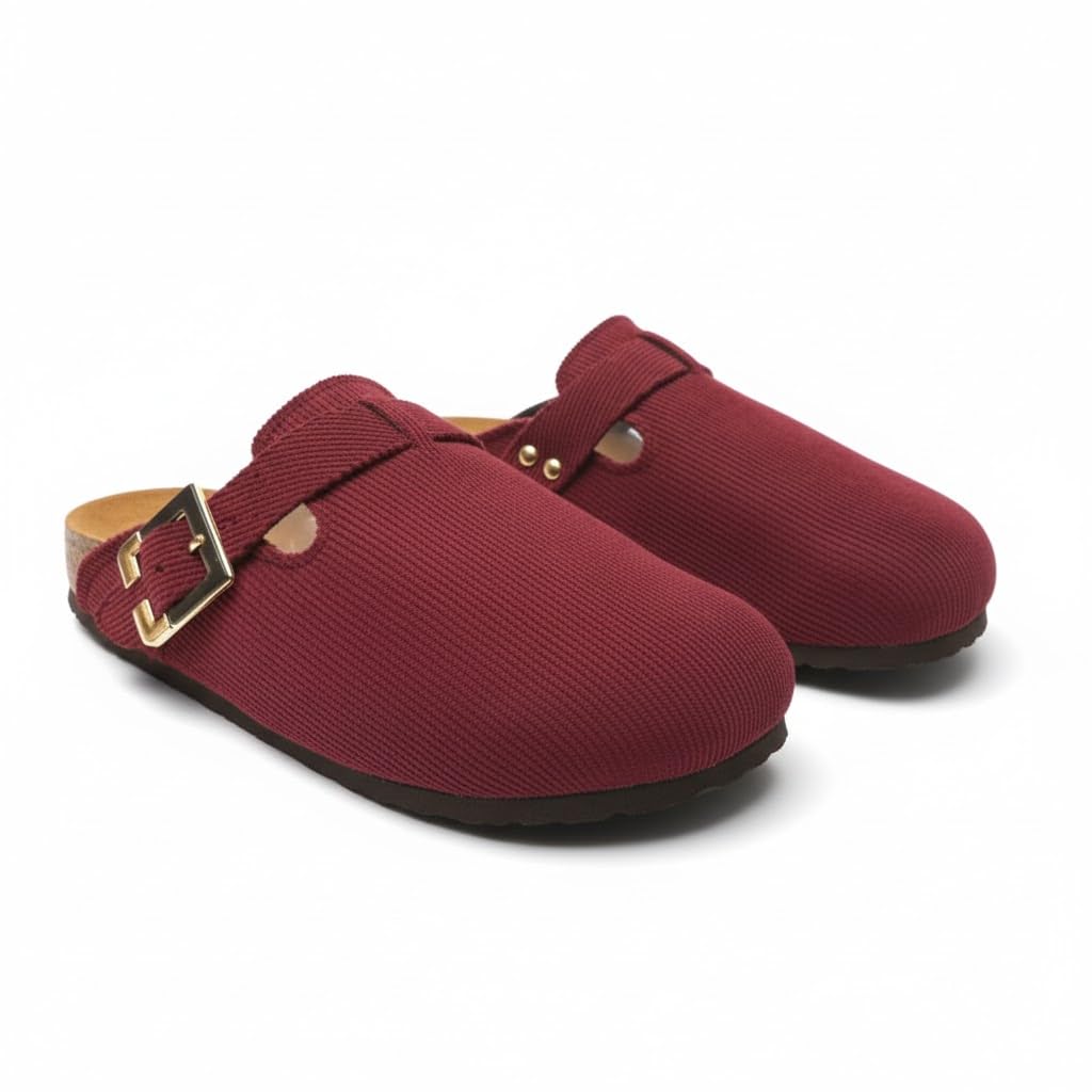 Stylish and comfortable women's clogs with a buckle closure and a non-slip sole.