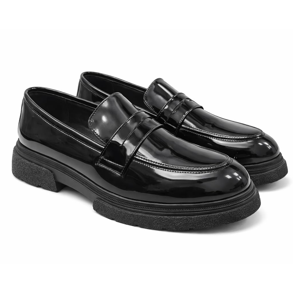 Men’s Formal Loafer Shoes in Shiny Leather – Classic Slip-On Dress Shoes for Work and Occasions – Anti-Slip Sole –