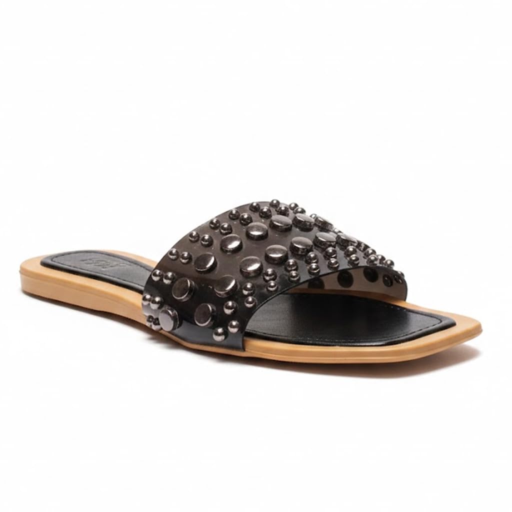 Women’s slide-style slippers decorated with metal studs – modern, comfortable design for errands and outings.  - H31