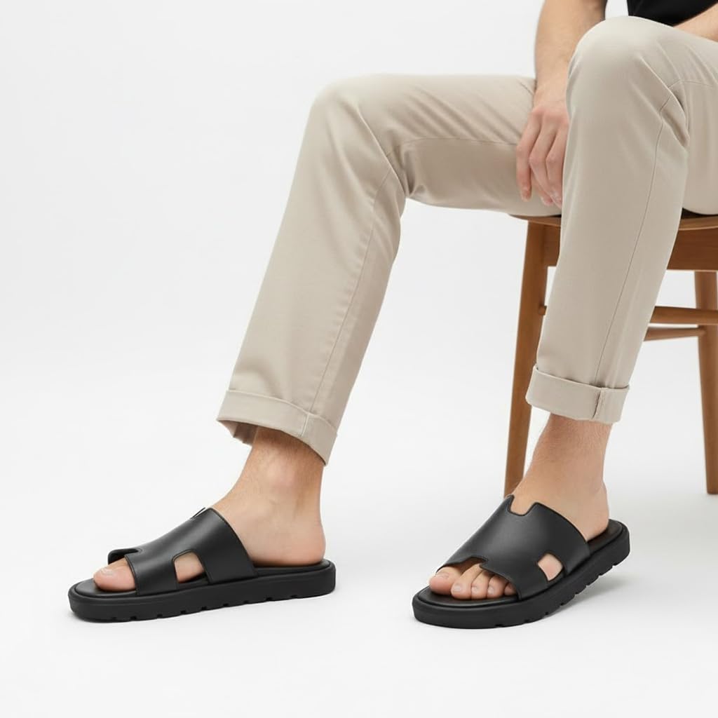 Men genuine leather slipper fashion casual look - Anti-slip  BLACK  - Code 4001