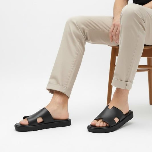 Men genuine leather slipper fashion casual look - Anti-slip  BLACK  - Code 4001