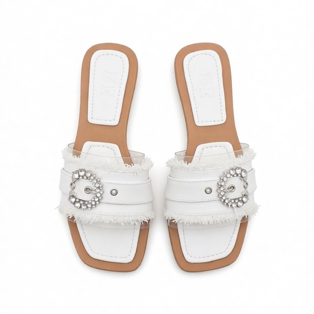 Elegant women’s slippers with a transparent strap and crystal details – summer square-toe design with a comfortable flat sole – modern style. - H25