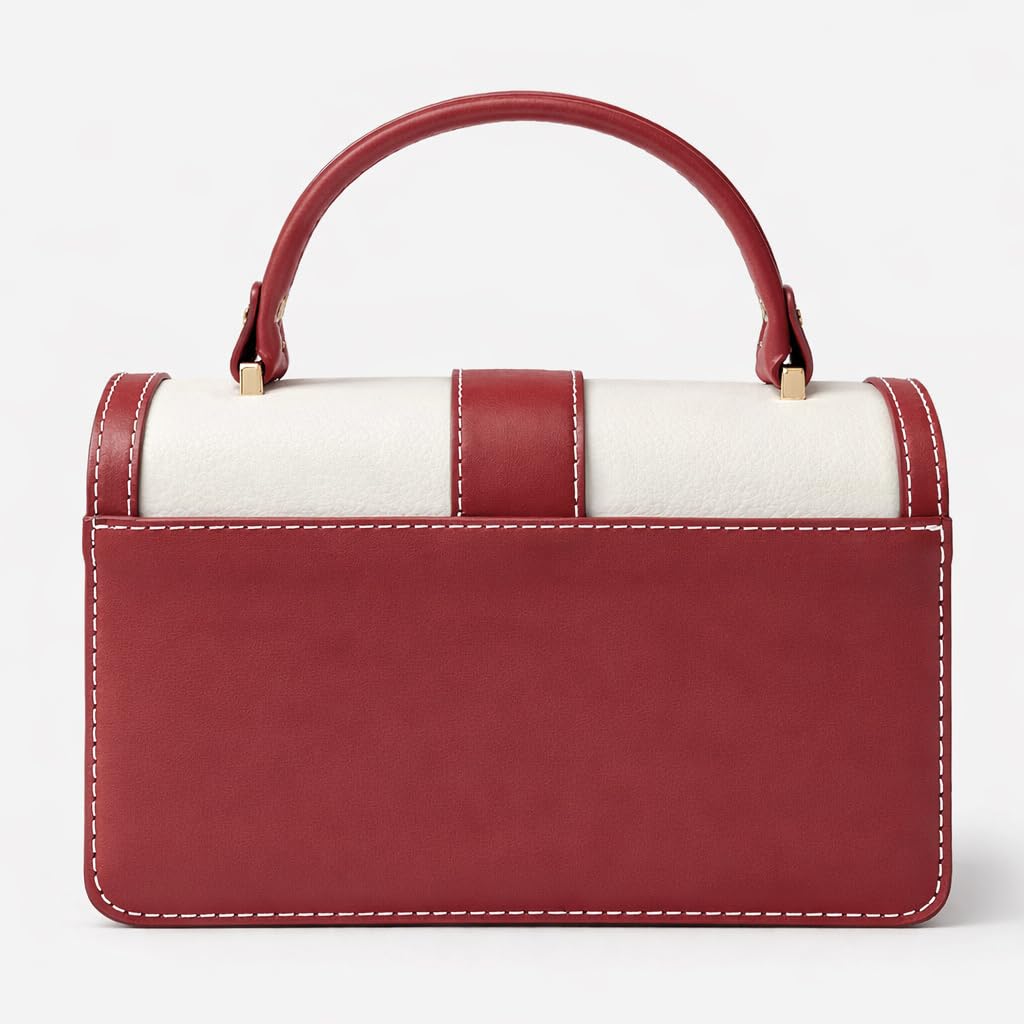 Red leather women’s handbag with a distinctive design, featuring a gold metal buckle and a top handle — suitable for work and special occasions.