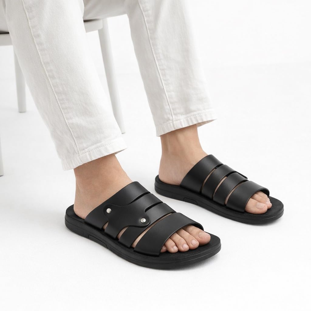 Men’s black leather slippers – modern multi-strap design with a comfortable, slip-resistant sole – ideal for daily and summer use.   - 608
