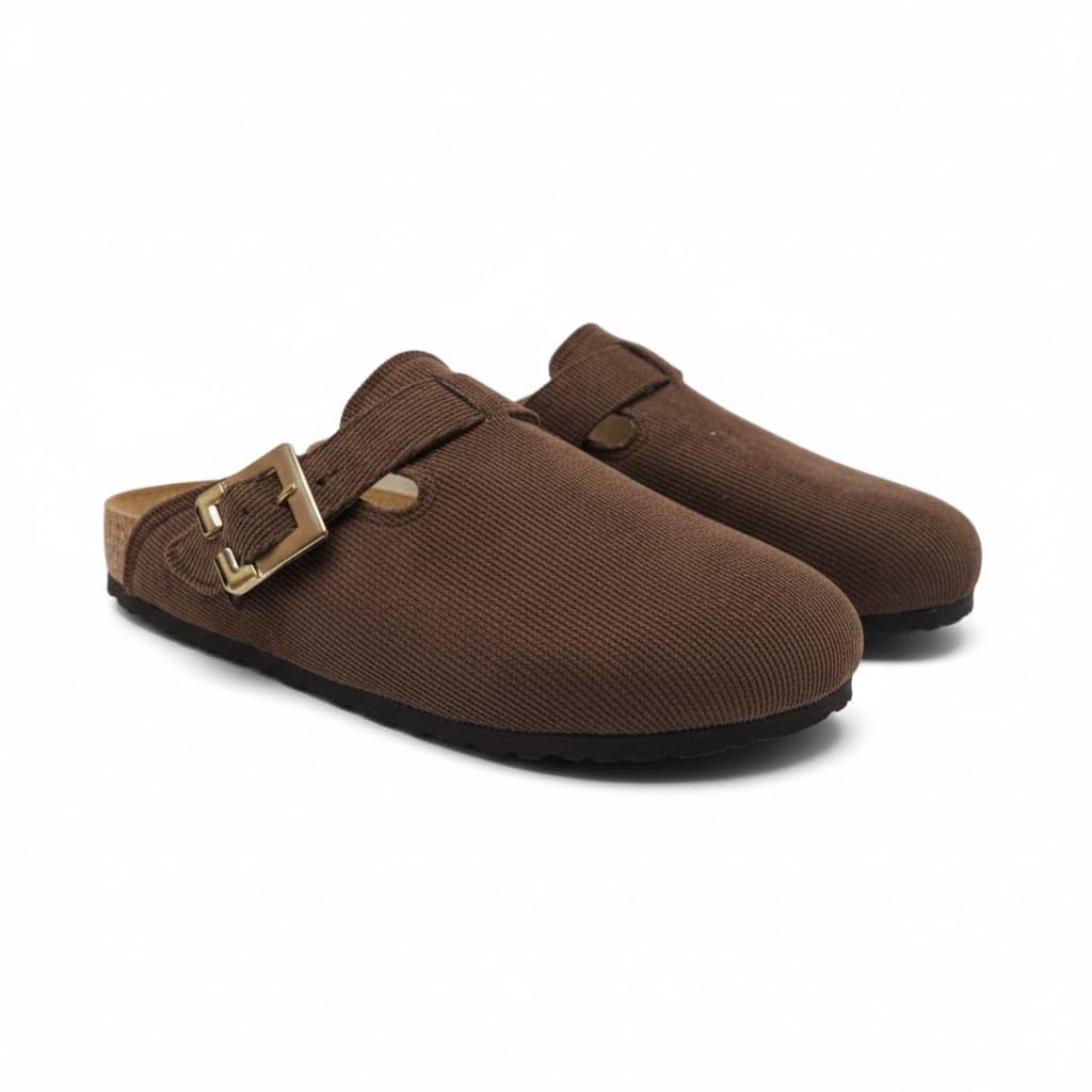Stylish and comfortable women's clogs with a buckle closure and a non-slip sole.
