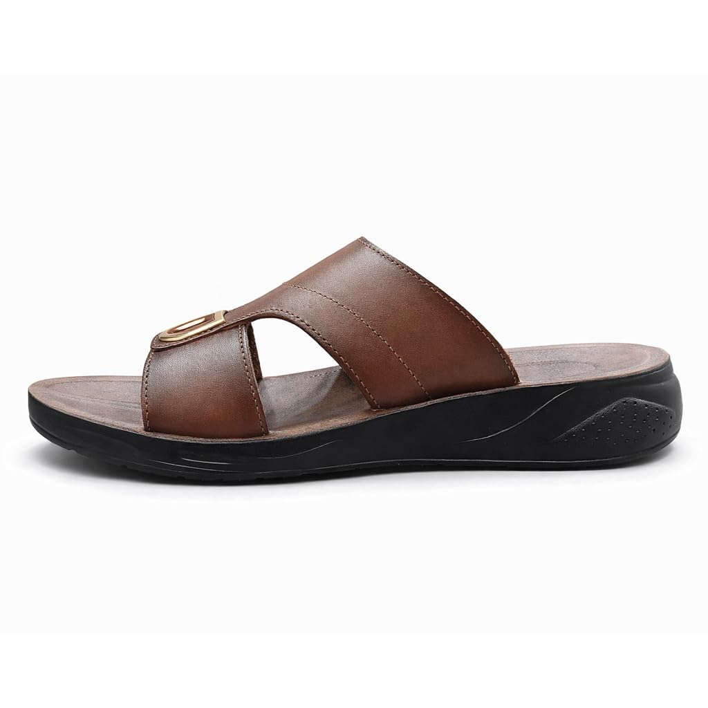 Gulf-Style Men’s Leather Slippers – Modern Design with Comfortable Anti-Slip Sole – Perfect for Daily and Summer Wear  HAVAN  -Size46 - 708