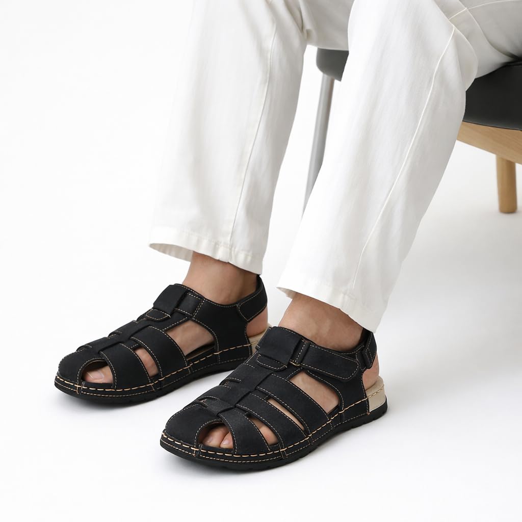 Men’s genuine leather comfortable Okonami sandals — classic design with ventilation openings — lightweight orthopedic sole  - B011