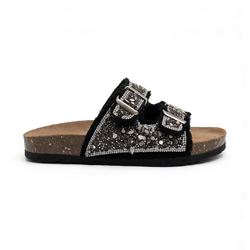 Women’s slippers featuring double metal buckles, decorated with crystals and beads – comfortable suede sole with anti-slip design for an elegant summer look- B4