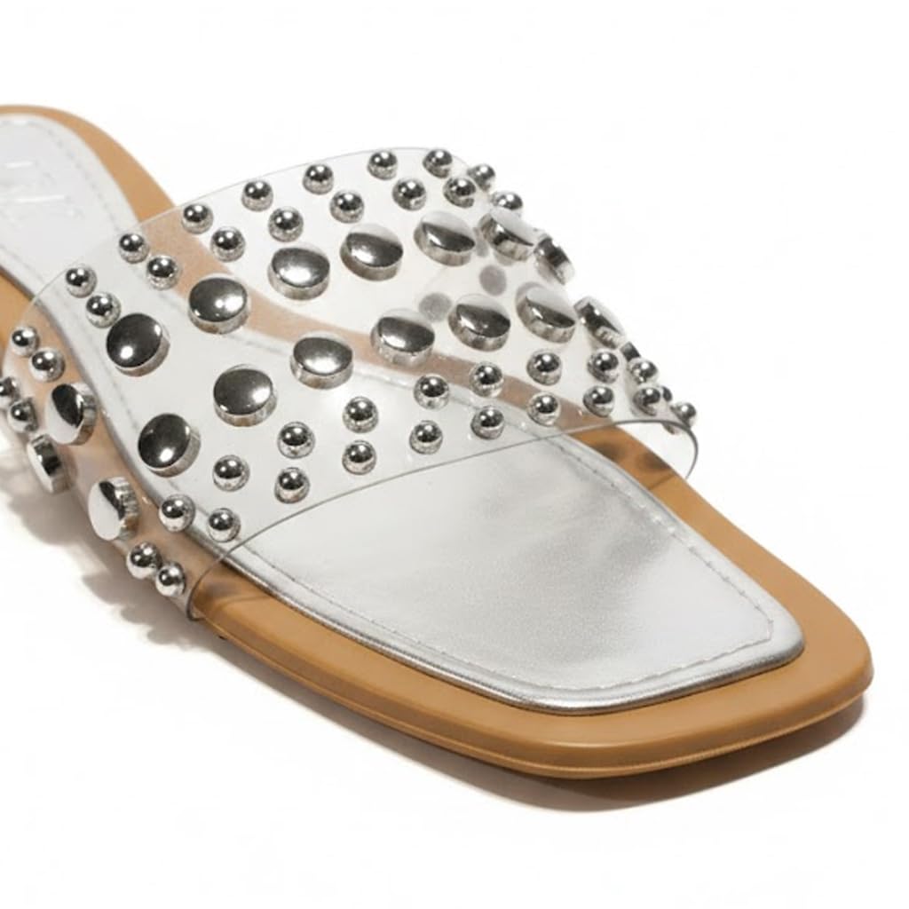 Women’s slide-style slippers decorated with metal studs – modern, comfortable design for errands and outings.  - H31