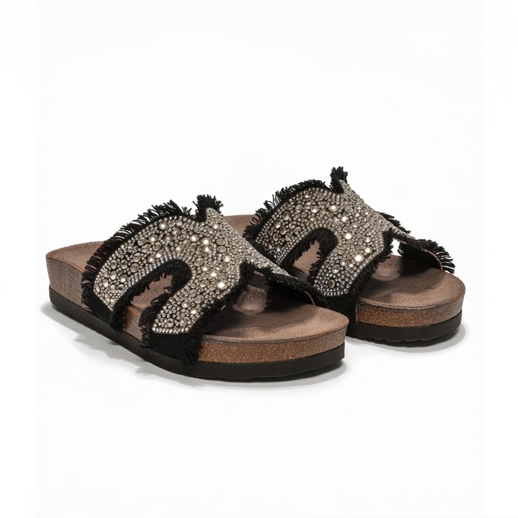 Women’s summer slippers decorated with crystals – comfortable orthopedic sole with soft suede material, elegant ladies’ style for outings and daily errands.  - B1