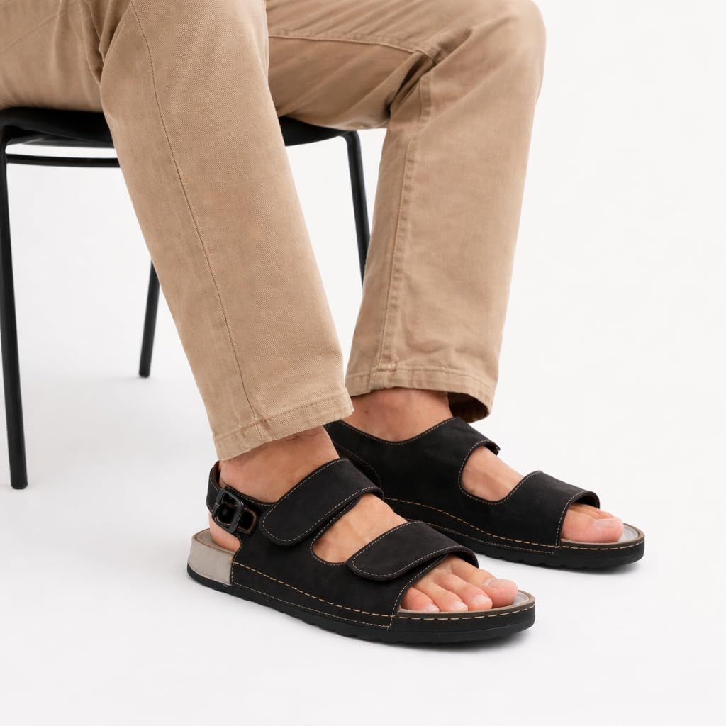 Men’s comfortable orthopedic sandals – practical leather sandals with two adjustable Velcro straps and a back strap – lightweight with an anti-slip sole.  - B010