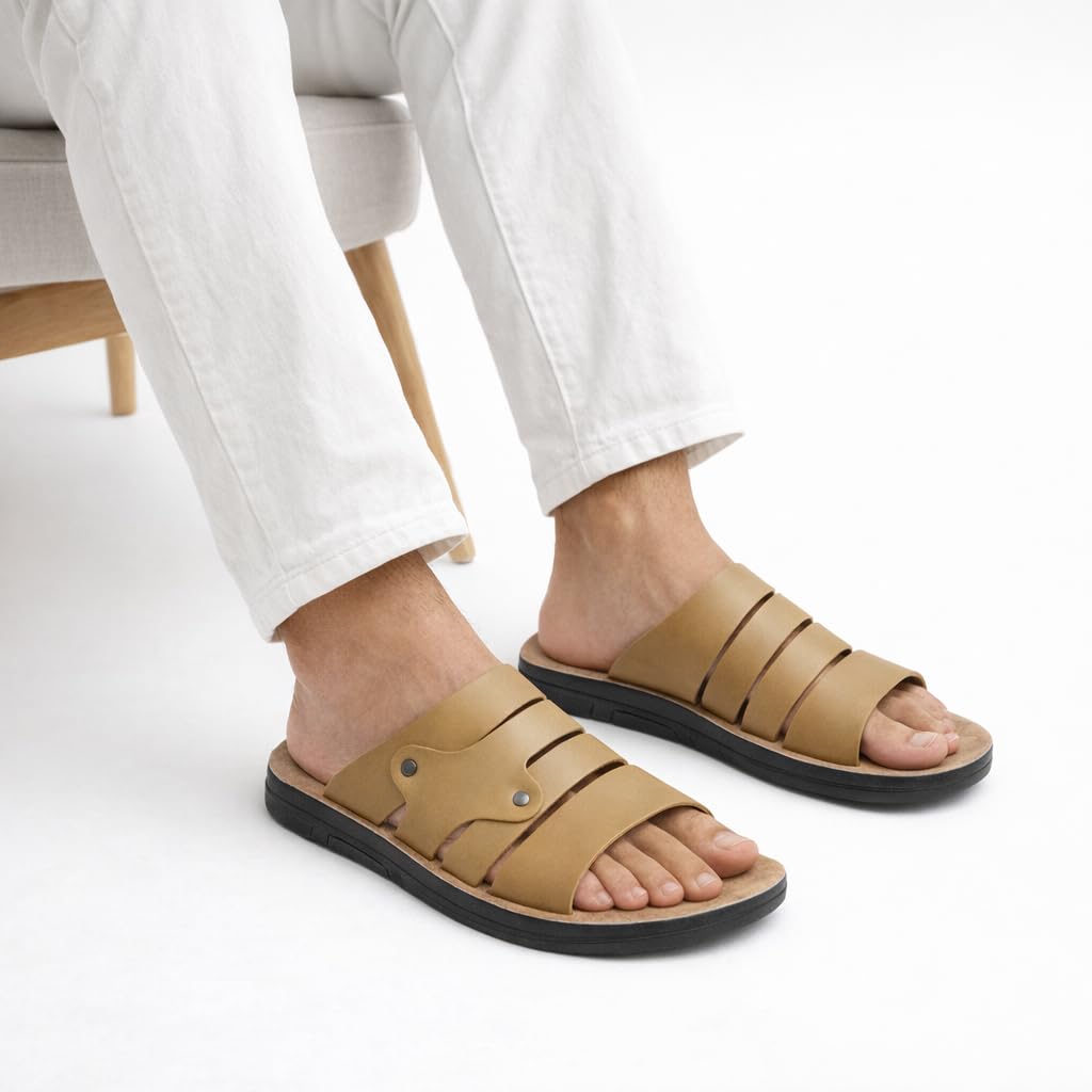 Men’s black leather slippers – modern multi-strap design with a comfortable, slip-resistant sole – ideal for daily and summer use.   - 608