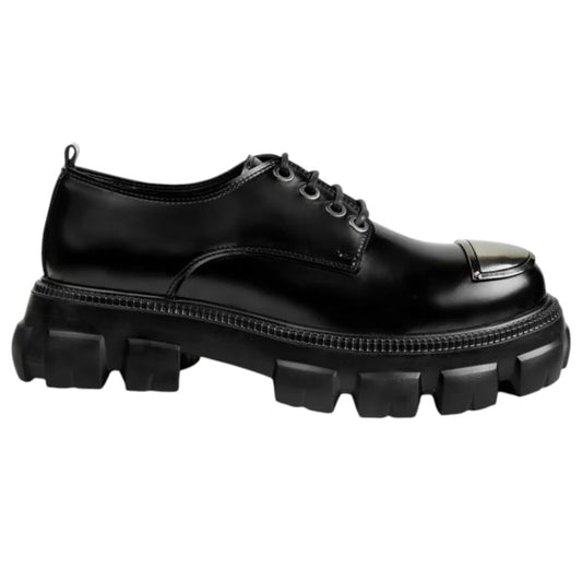 Men's black shoes with a thick EVA sole and metal toe cap - glossy black