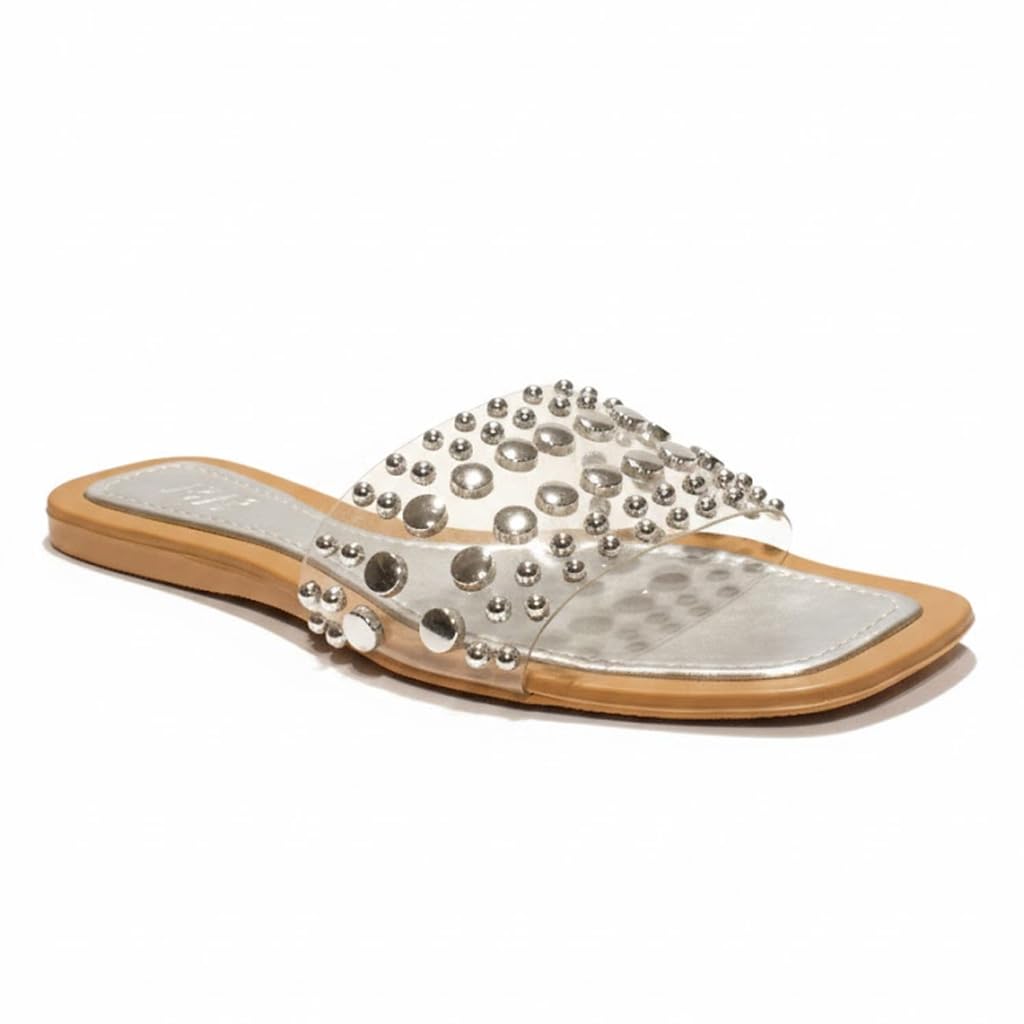 Women’s slide-style slippers decorated with metal studs – modern, comfortable design for errands and outings.  - H31