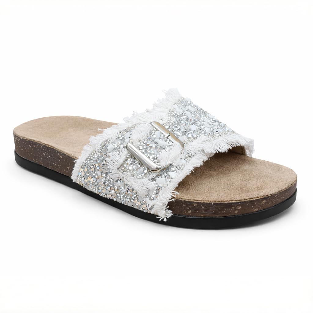 Women’s slippers decorated with golden crystals and a metal buckle – luxurious summer style with a comfortable suede sole – elegant design for daily outings.  - B3
