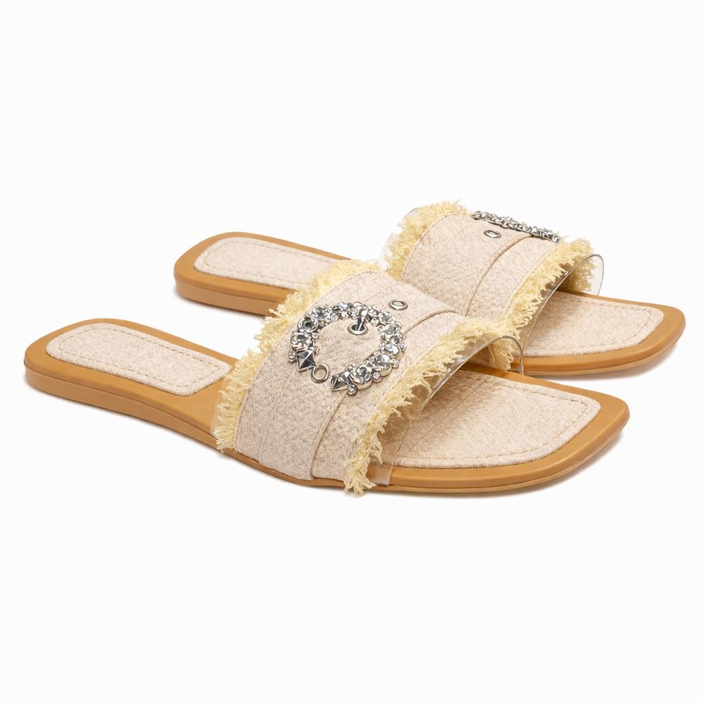 Elegant women’s slippers with a transparent strap and crystal details – summer square-toe design with a comfortable flat sole – modern style. - H25
