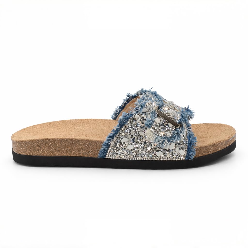 Women’s slippers decorated with golden crystals and a metal buckle – luxurious summer style with a comfortable suede sole – elegant design for daily outings.  - B3