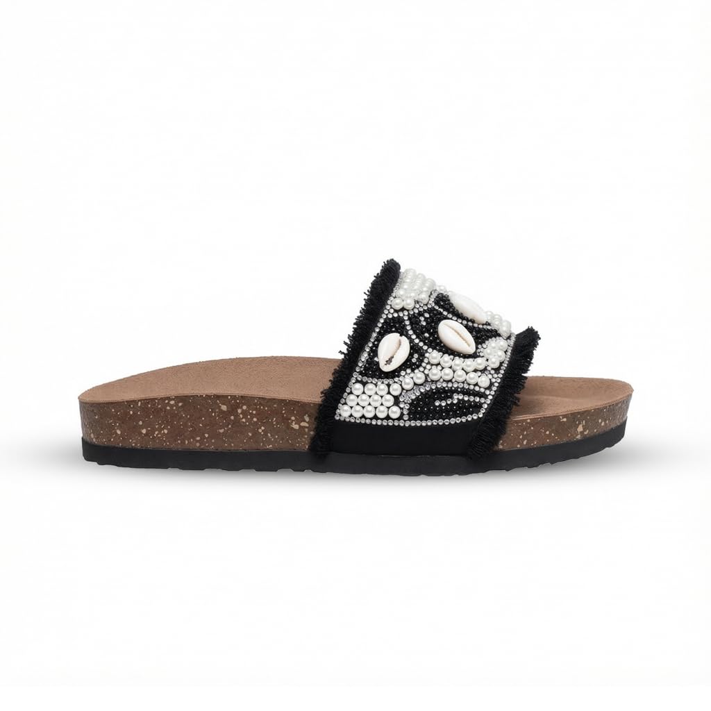 Women’s slippers decorated with pearls and natural shells – summer style with a comfortable suede sole – elegant design for outings and casual wear.  - B2