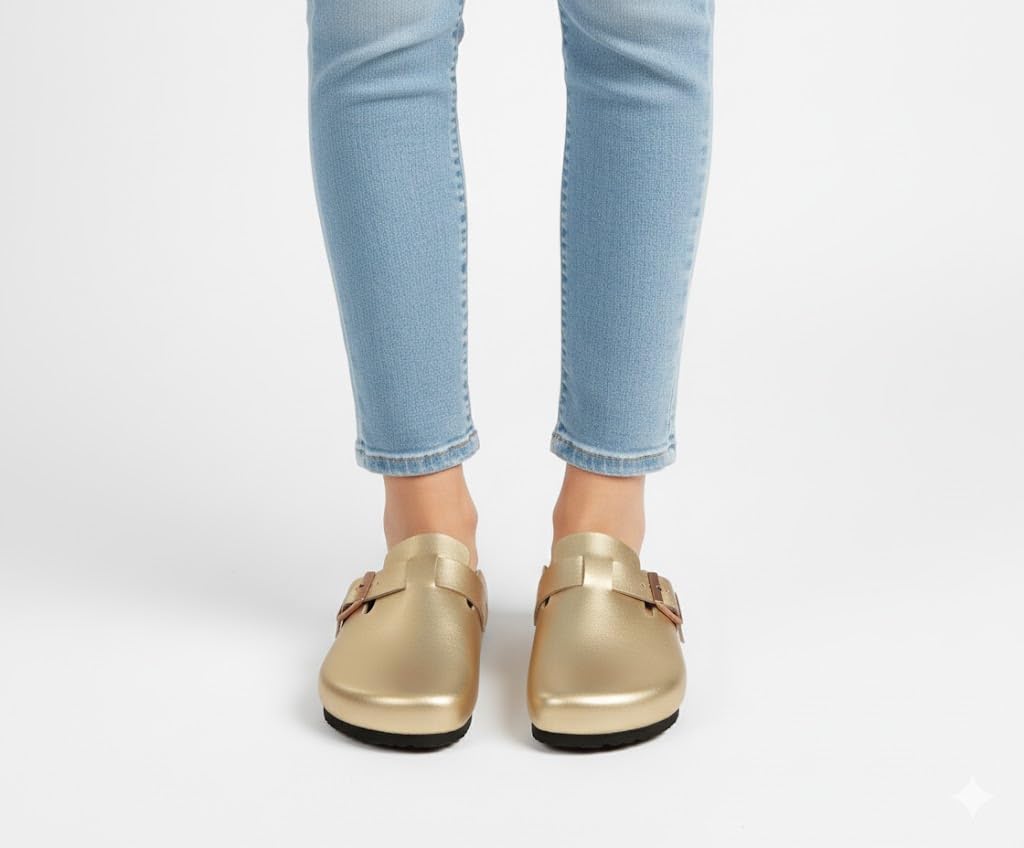 Comfortable slippers with a modern design and metal buckle - made from high-quality leather