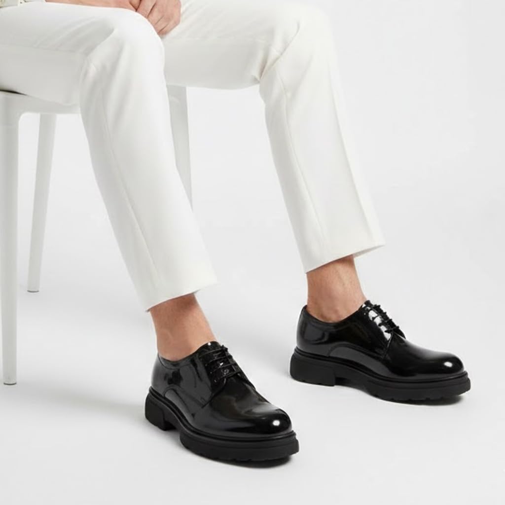 Men’s Classic Formal Shoes in Shiny Leather – Elegant Dress Shoes for Work and Formal Occasions – Comfortable Anti-Slip Sole