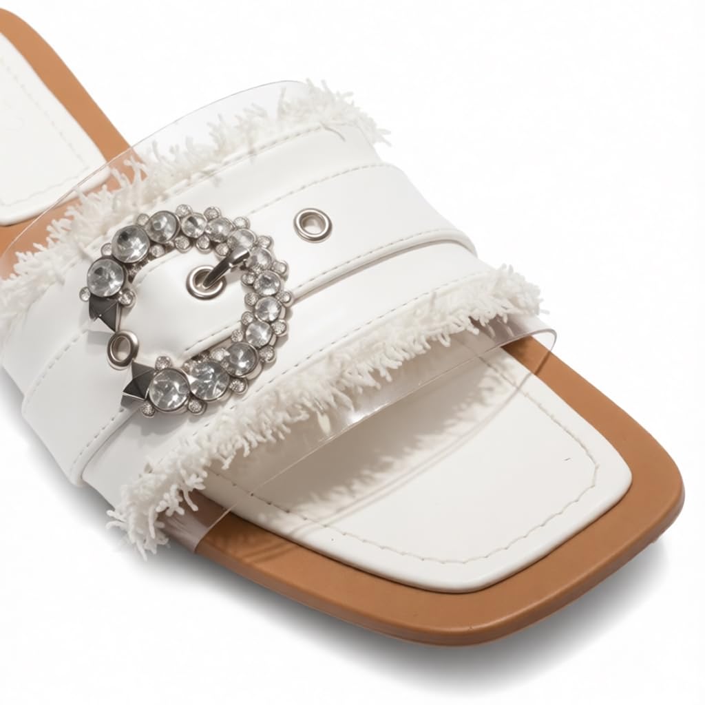 Elegant women’s slippers with a transparent strap and crystal details – summer square-toe design with a comfortable flat sole – modern style. - H25