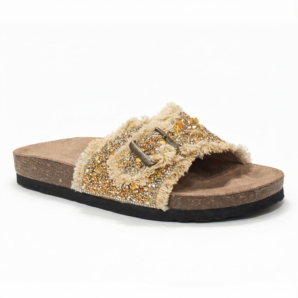 Women’s slippers decorated with golden crystals and a metal buckle – luxurious summer style with a comfortable suede sole – elegant design for daily outings.  - B3