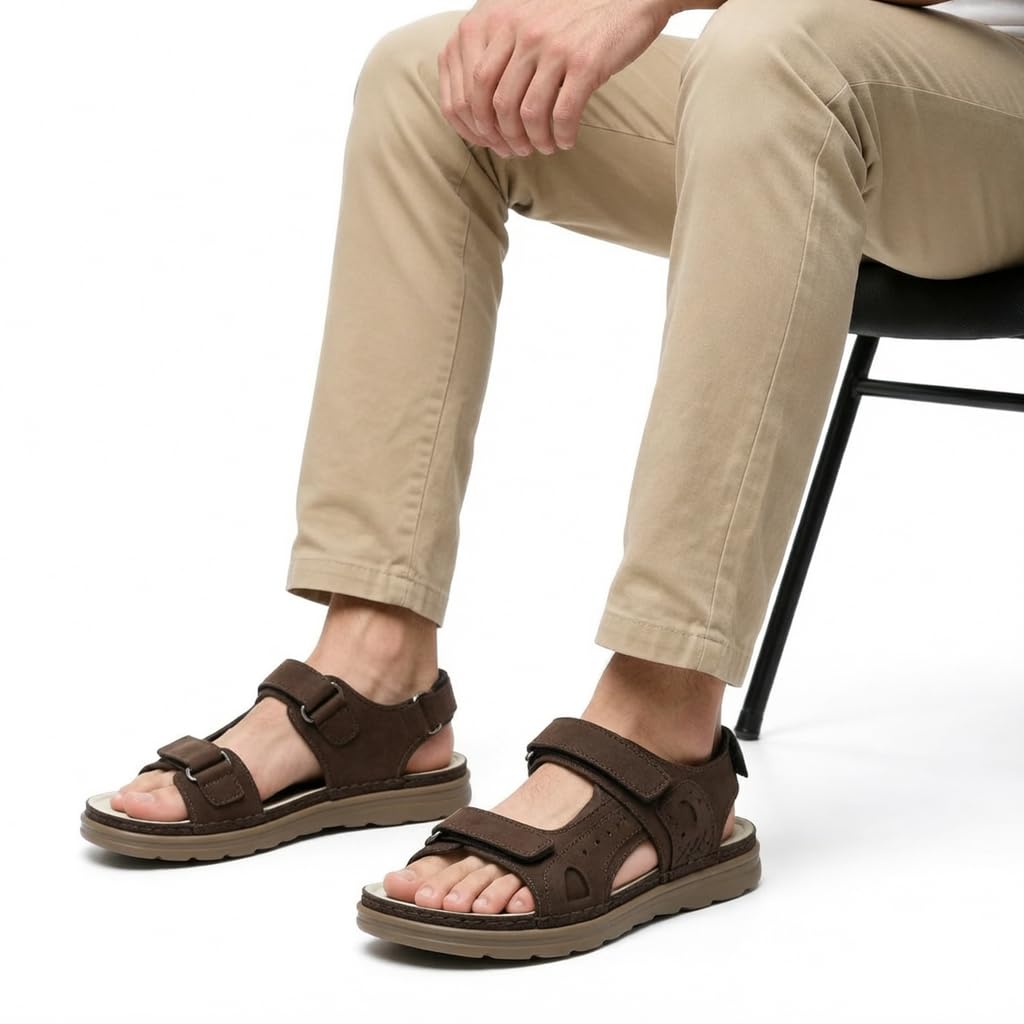 Men’s Comfortable Orthopedic Sandals – Practical Leather Design with Adjustable Double Velcro Straps and Heel Strap – Lightweight Anti-Slip Sole   - 50