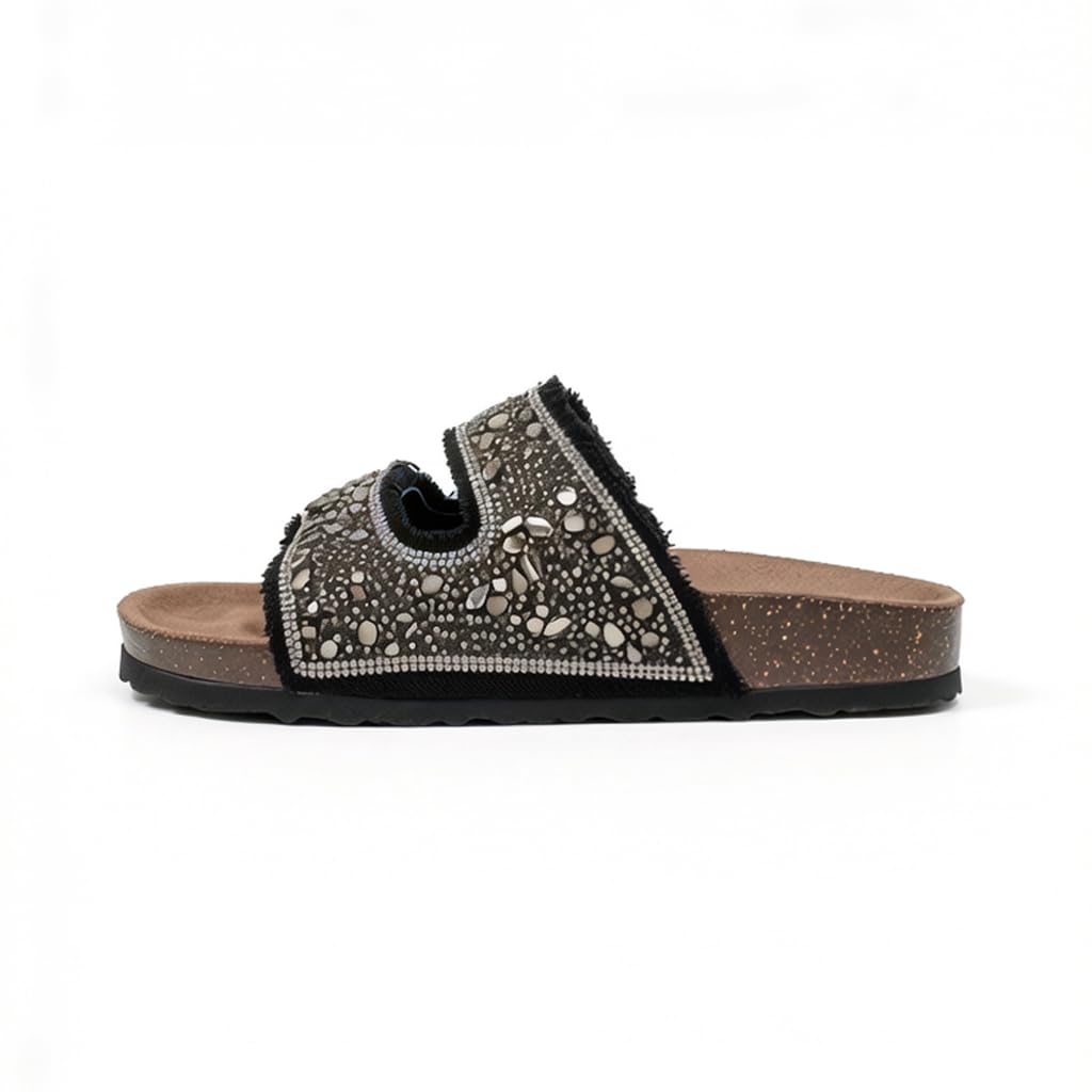 Women’s slippers featuring double metal buckles, decorated with crystals and beads – comfortable suede sole with anti-slip design for an elegant summer look- B4