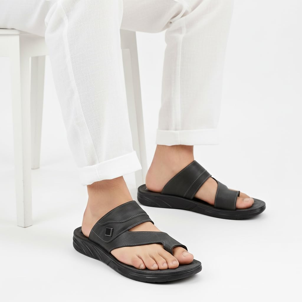 Men’s black leather slippers – modern, comfortable design with high-quality material and a cushioned orthopedic sole – perfect for daily use and errands.   - 2005