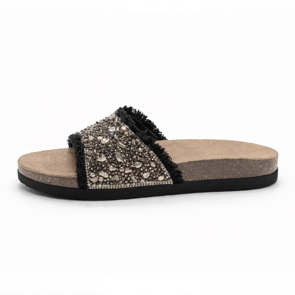Women’s slippers decorated with golden crystals and a metal buckle – luxurious summer style with a comfortable suede sole – elegant design for daily outings.  - B3