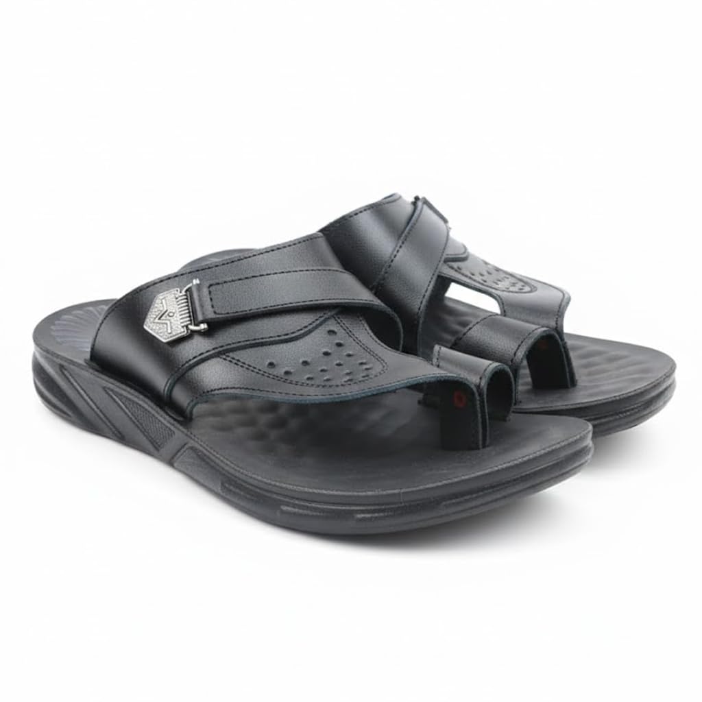 Men’s black leather slippers – modern, comfortable design with high-quality material and a cushioned orthopedic sole – perfect for daily use and errands.  - 522