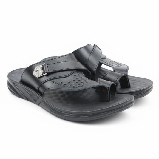 Men’s black leather slippers – modern, comfortable design with high-quality material and a cushioned orthopedic sole – perfect for daily use and errands.  - 522