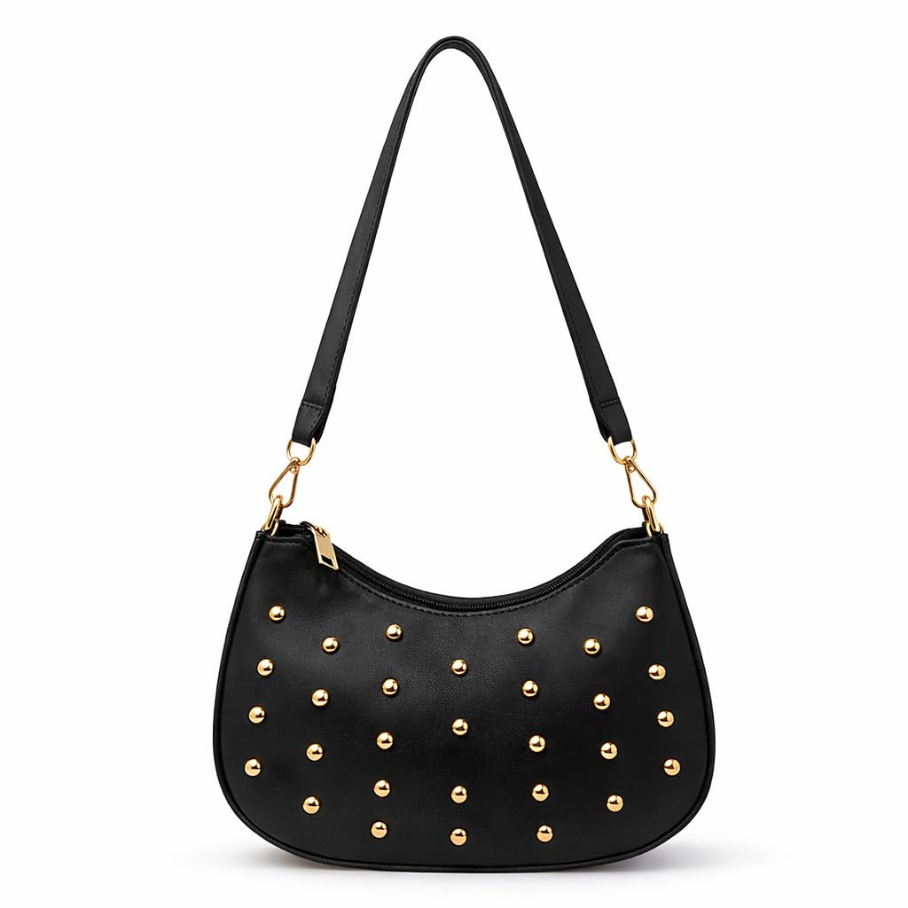 Small women’s shoulder bag decorated with gold studs, featuring a top zipper and a comfortable strap – suitable for outings and evening events.