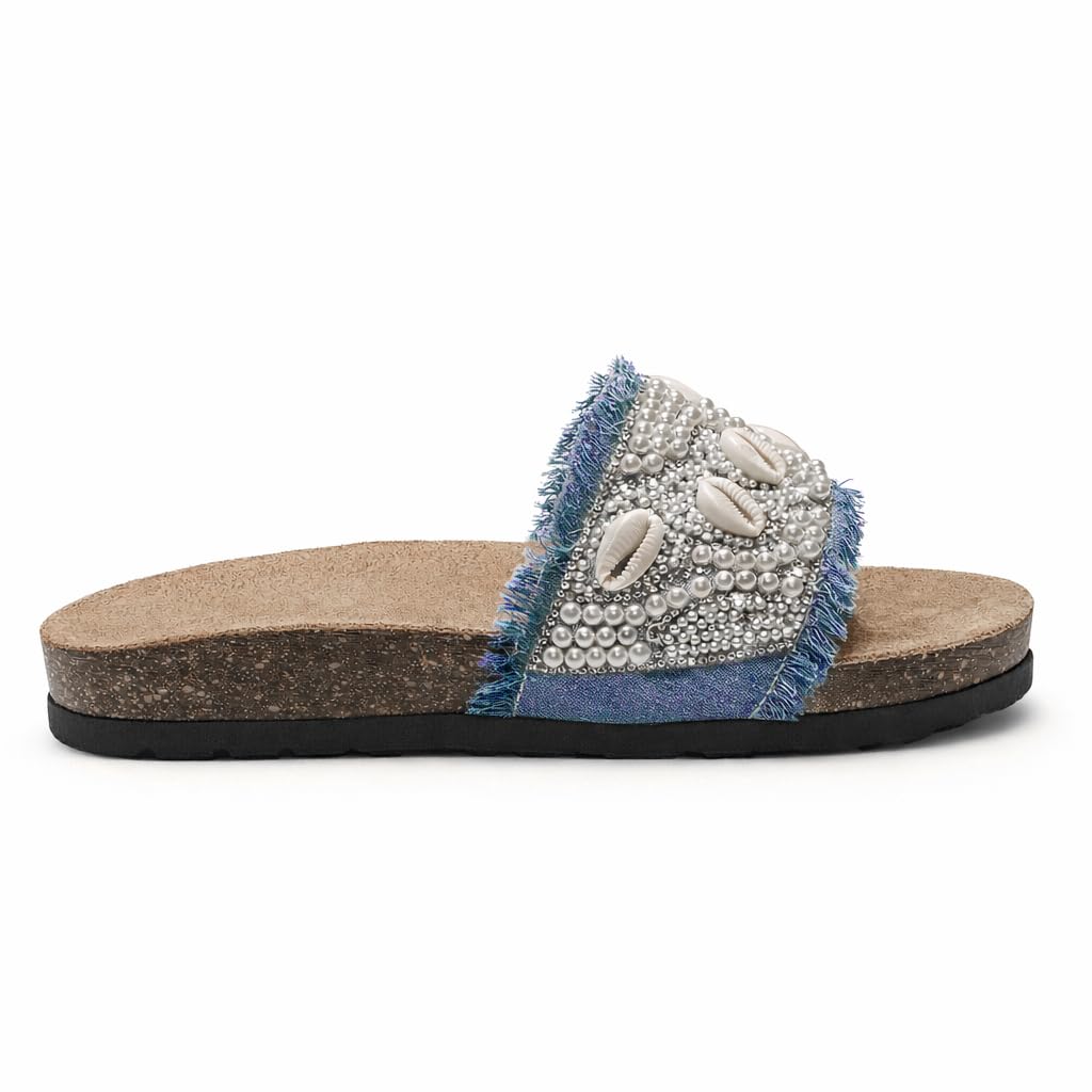 Women’s slippers decorated with pearls and natural shells – summer style with a comfortable suede sole – elegant design for outings and casual wear.  - B2