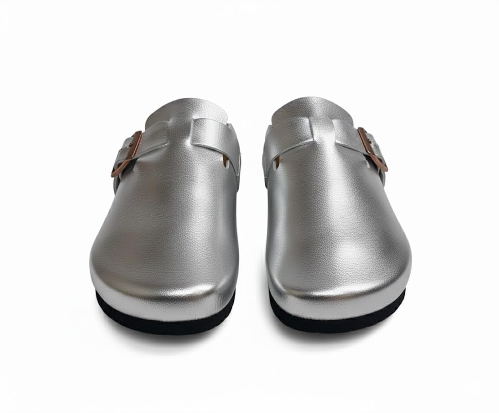 Comfortable slippers with a modern design and metal buckle - made from high-quality leather