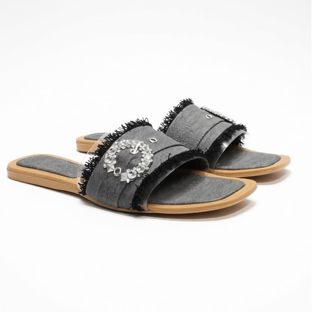 Elegant women’s slippers with a transparent strap and crystal details – summer square-toe design with a comfortable flat sole – modern style. - H25