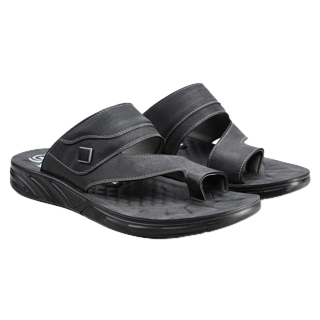 Men’s black leather slippers – modern, comfortable design with high-quality material and a cushioned orthopedic sole – perfect for daily use and errands.   - 2005