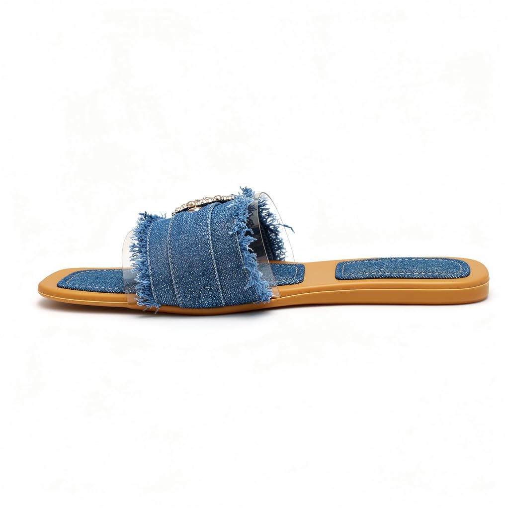 Elegant women’s slippers with a transparent strap and crystal details – summer square-toe design with a comfortable flat sole – modern style. - H25