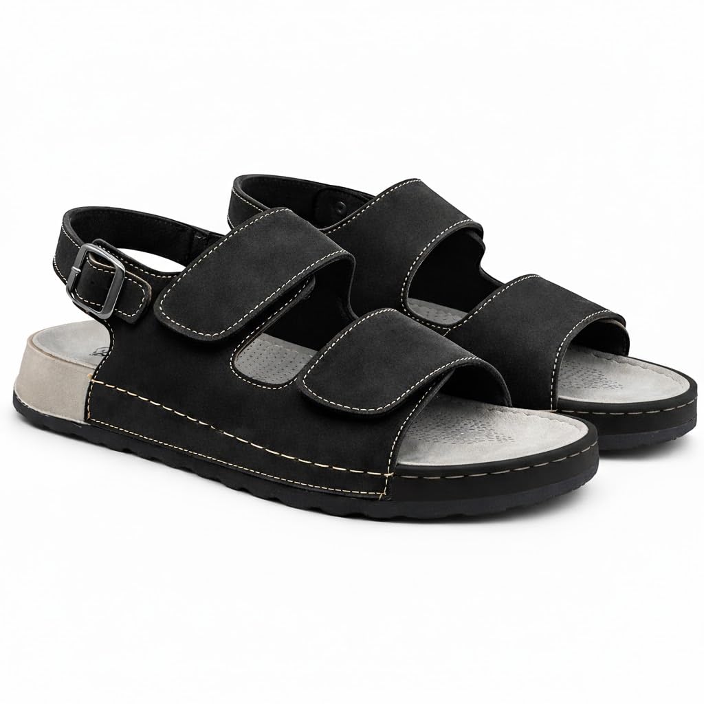 Men’s comfortable orthopedic sandals – practical leather sandals with two adjustable Velcro straps and a back strap – lightweight with an anti-slip sole.  - B010