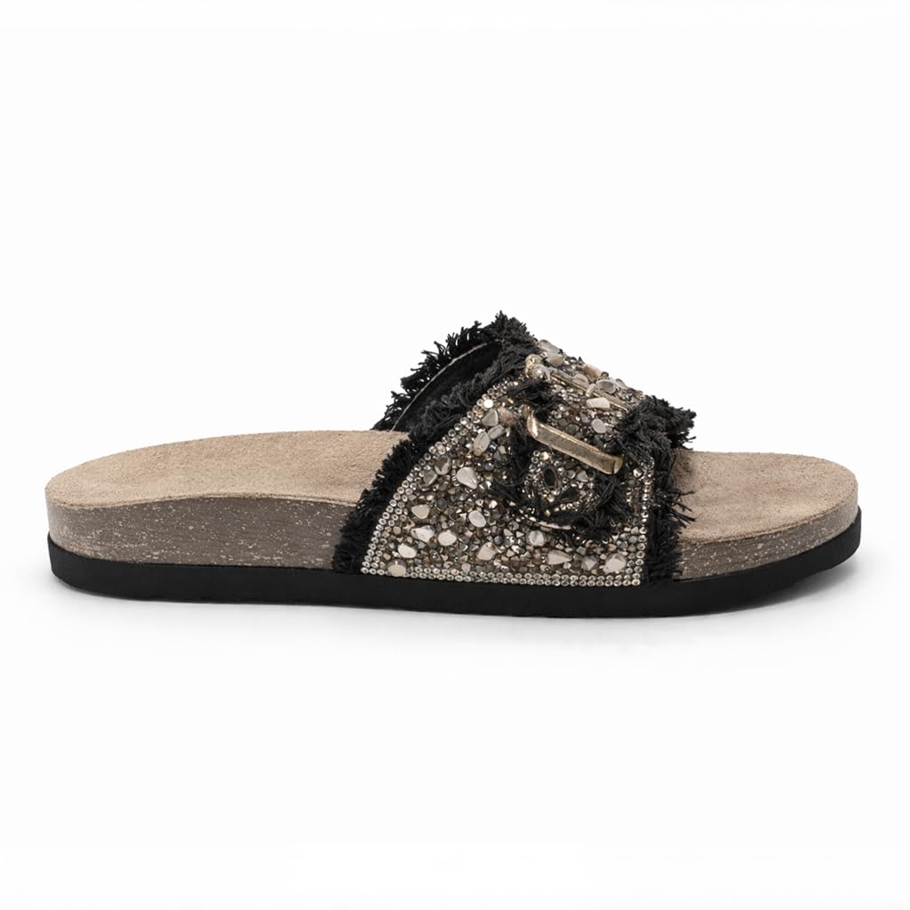 Women’s slippers decorated with golden crystals and a metal buckle – luxurious summer style with a comfortable suede sole – elegant design for daily outings.  - B3