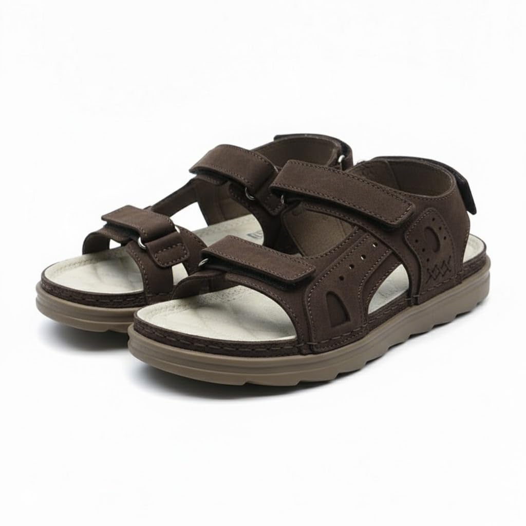 Men’s Comfortable Orthopedic Sandals – Practical Leather Design with Adjustable Double Velcro Straps and Heel Strap – Lightweight Anti-Slip Sole   - 50