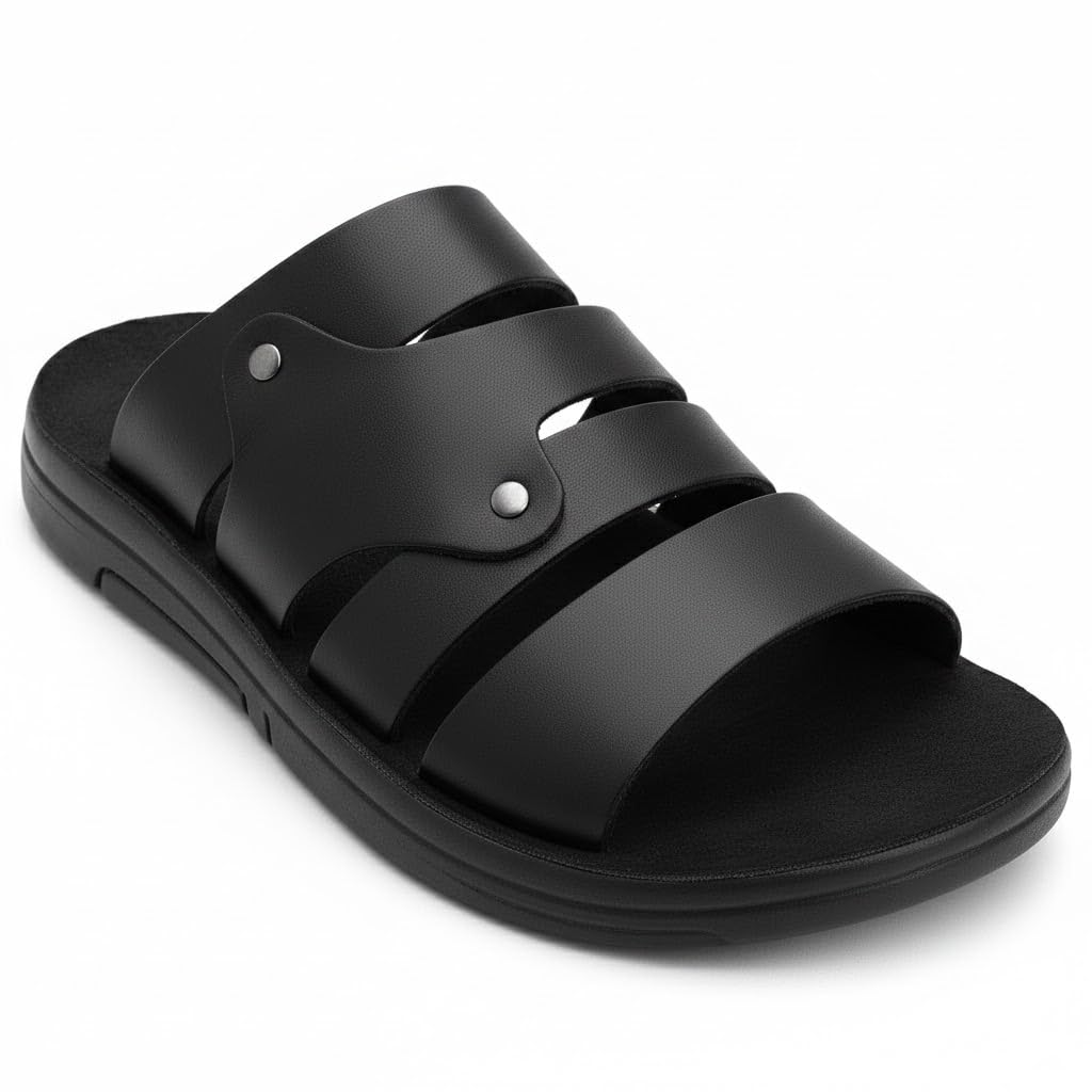 Men’s black leather slippers – modern multi-strap design with a comfortable, slip-resistant sole – ideal for daily and summer use.   - 608