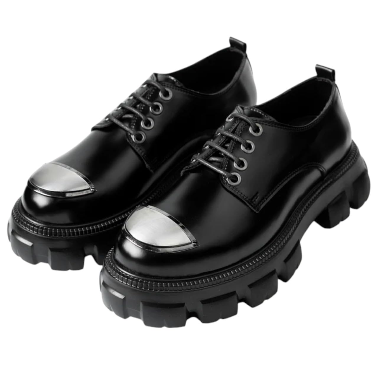 Men's black shoes with a thick EVA sole and metal toe cap - glossy black