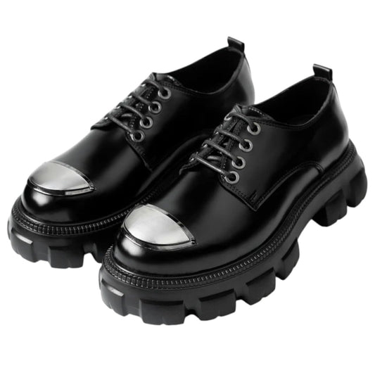 Men's black shoes with a thick EVA sole and metal toe cap - glossy black