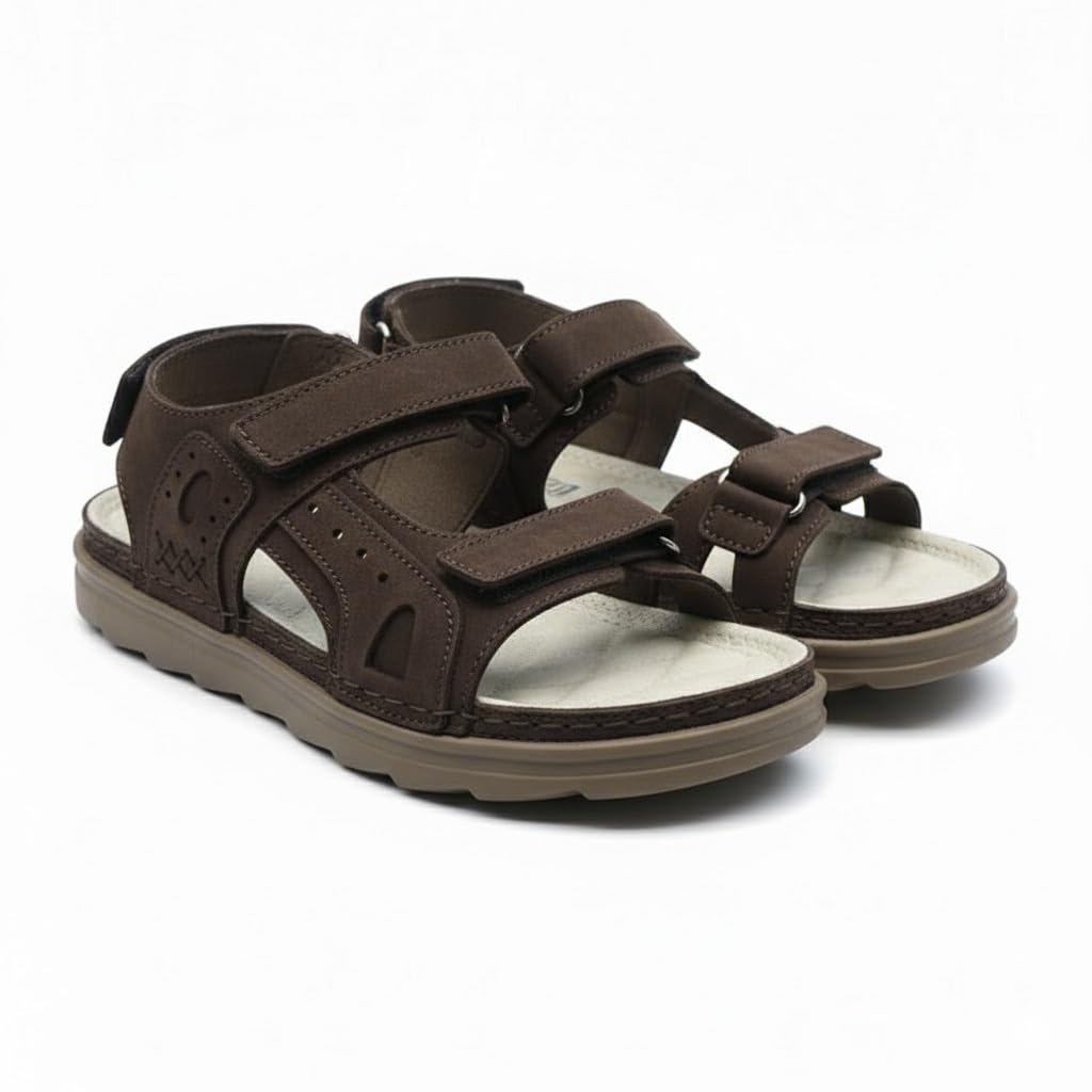 Men’s Comfortable Orthopedic Sandals – Practical Leather Design with Adjustable Double Velcro Straps and Heel Strap – Lightweight Anti-Slip Sole   - 50