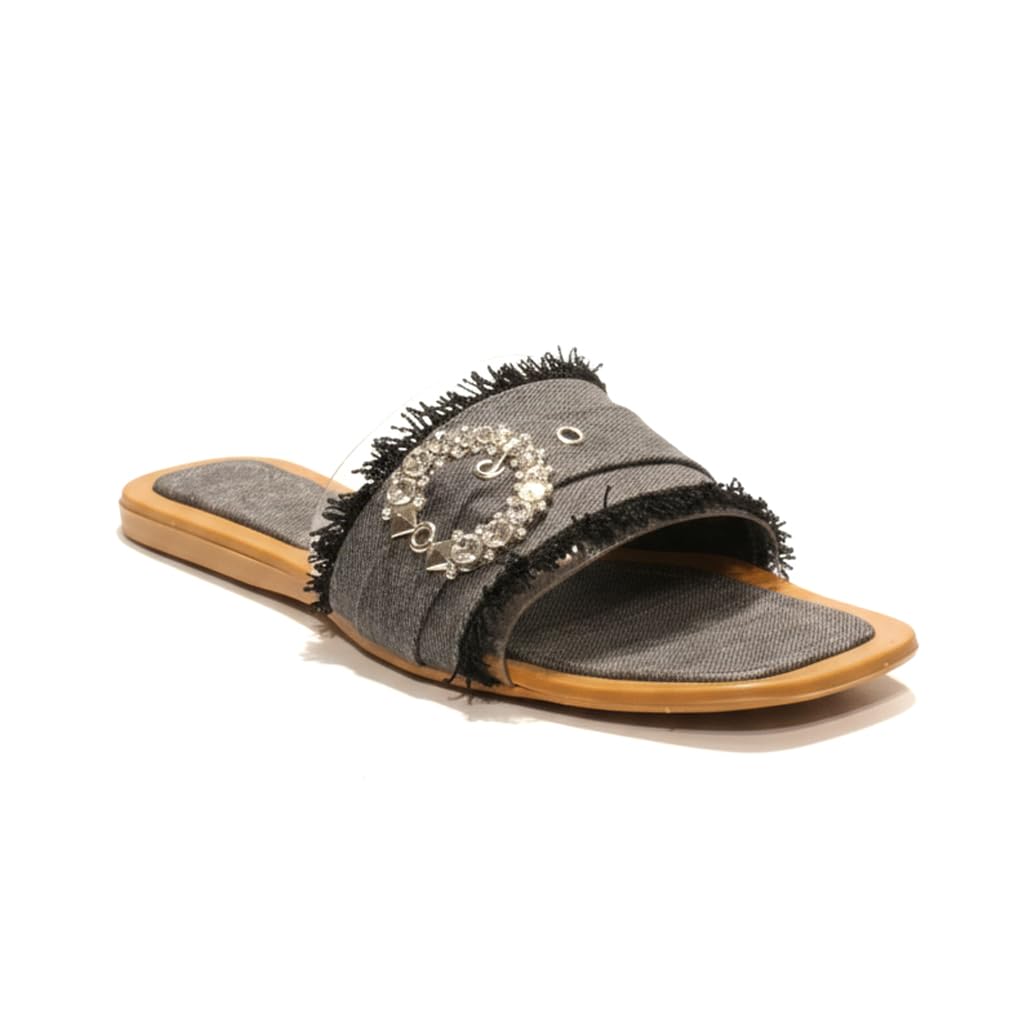 Elegant women’s slippers with a transparent strap and crystal details – summer square-toe design with a comfortable flat sole – modern style. - H25