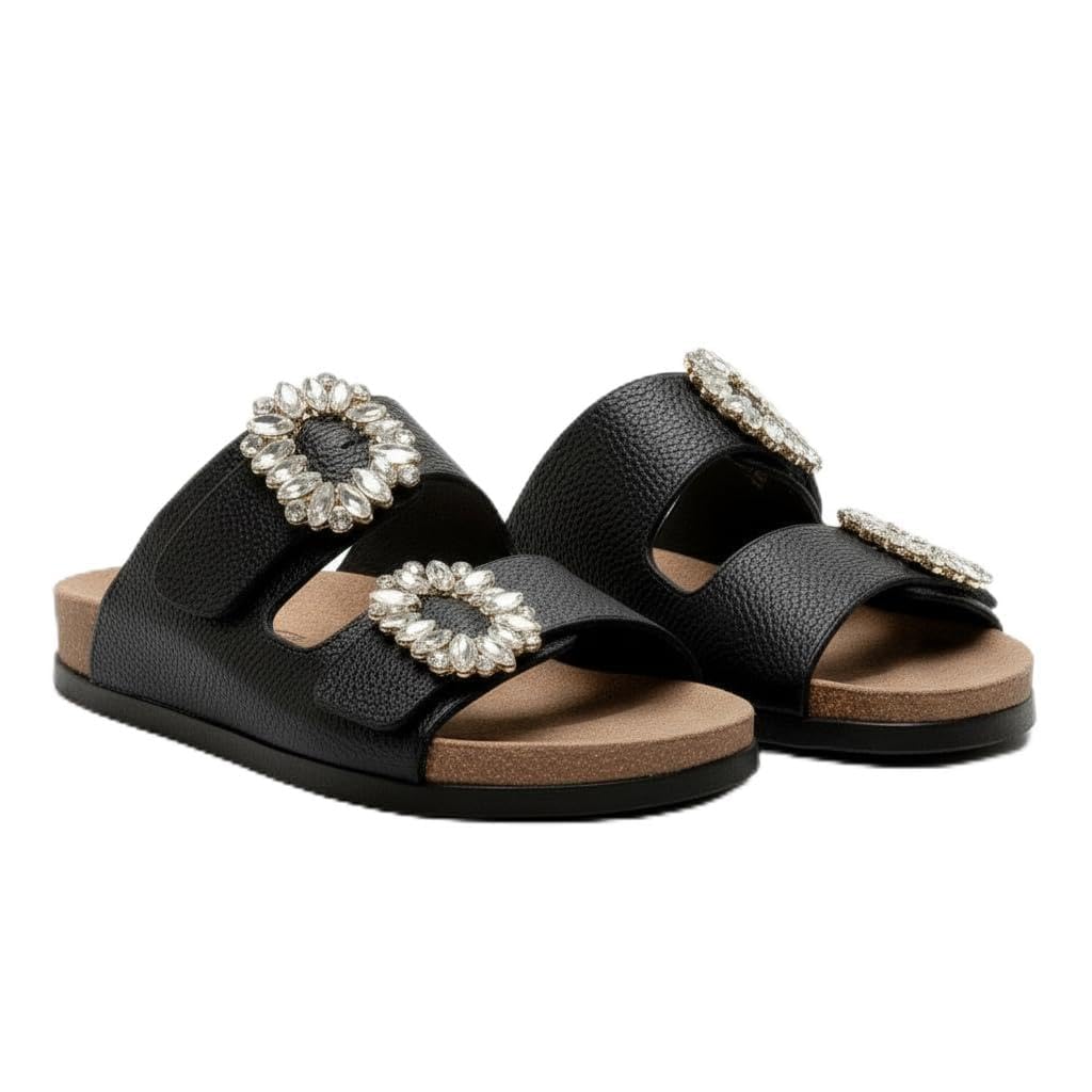 Luxury women’s slippers adorned with a sparkling crystal accessory – summer style with a cushioned sole and elegant classic design, perfect for daily outings and special occasions.  - BK 18
