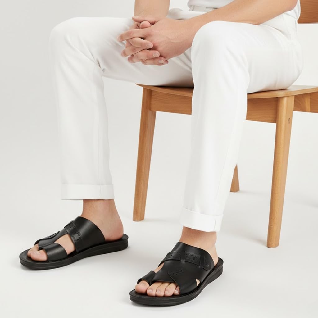 Men’s black leather slippers – modern multi-strap design with a comfortable, slip-resistant sole – ideal for daily and summer use - 309